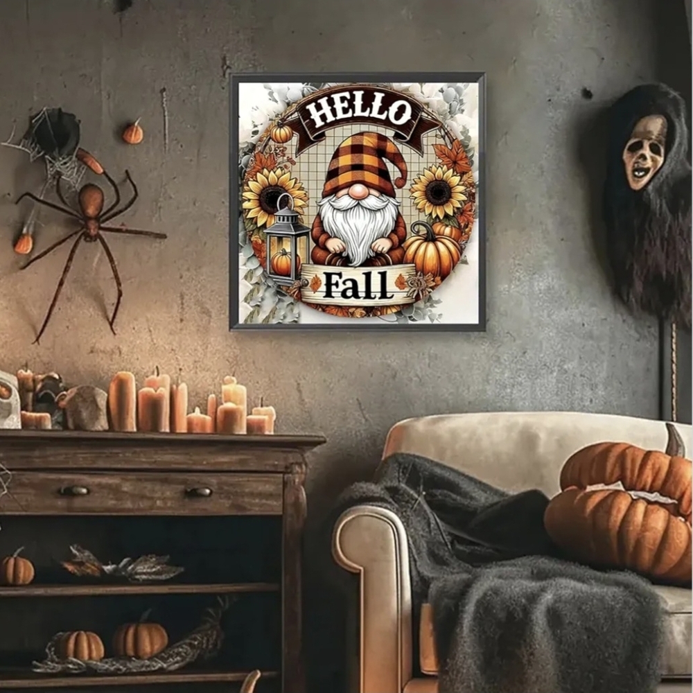 Hello Fall Wreath Pumpkins Sunflowers Plaid Gnome 5D Diamond Painting Kit New - Picture 4 of 7